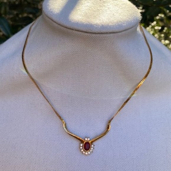 ❤️❤️ VTG 14K Gold Filled Red Rhinestone Pendant Necklace - Picture 5 of 8